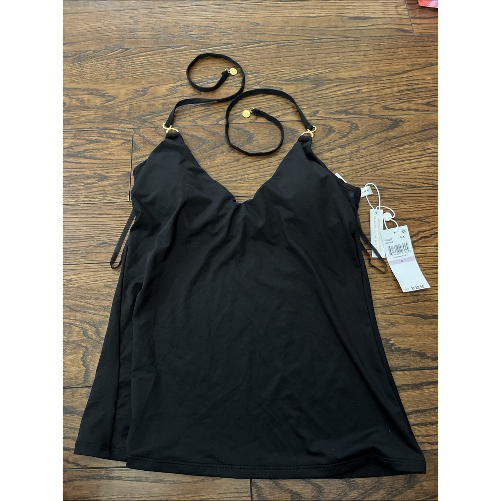 New $128 Trina Turk Womens Black Stretch V-Neck Tankini Top Swimwear Size 6